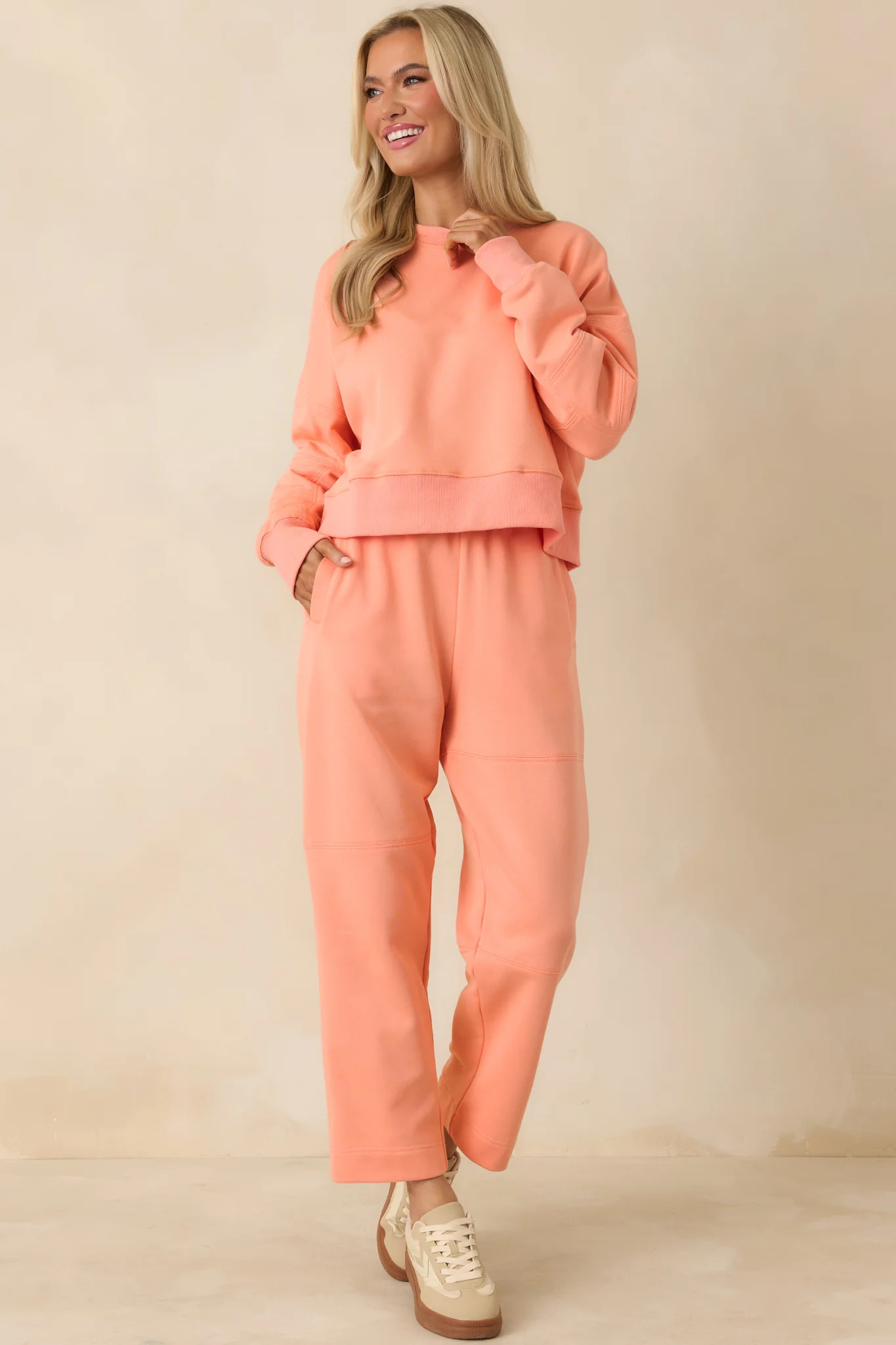 Hot Take Coral Orange Block-Stitched Long Sleeve Sweatshirt | Red Dress