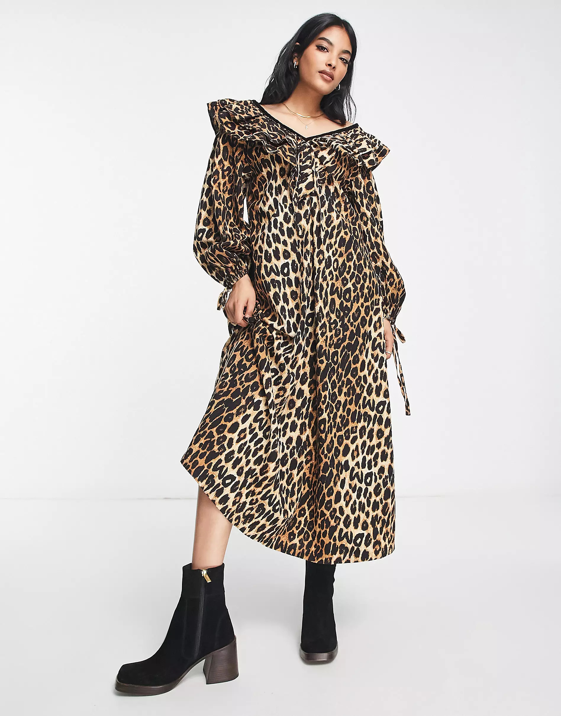 Damson Madder cotton textured midi dress in leopard print | ASOS (Global)