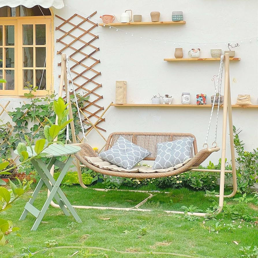 PURPLE LEAF 2 Seat Cloud Swing Chair with Stand Patio Wicker Bench Glider Loveseat Hanging Swingi... | Amazon (US)