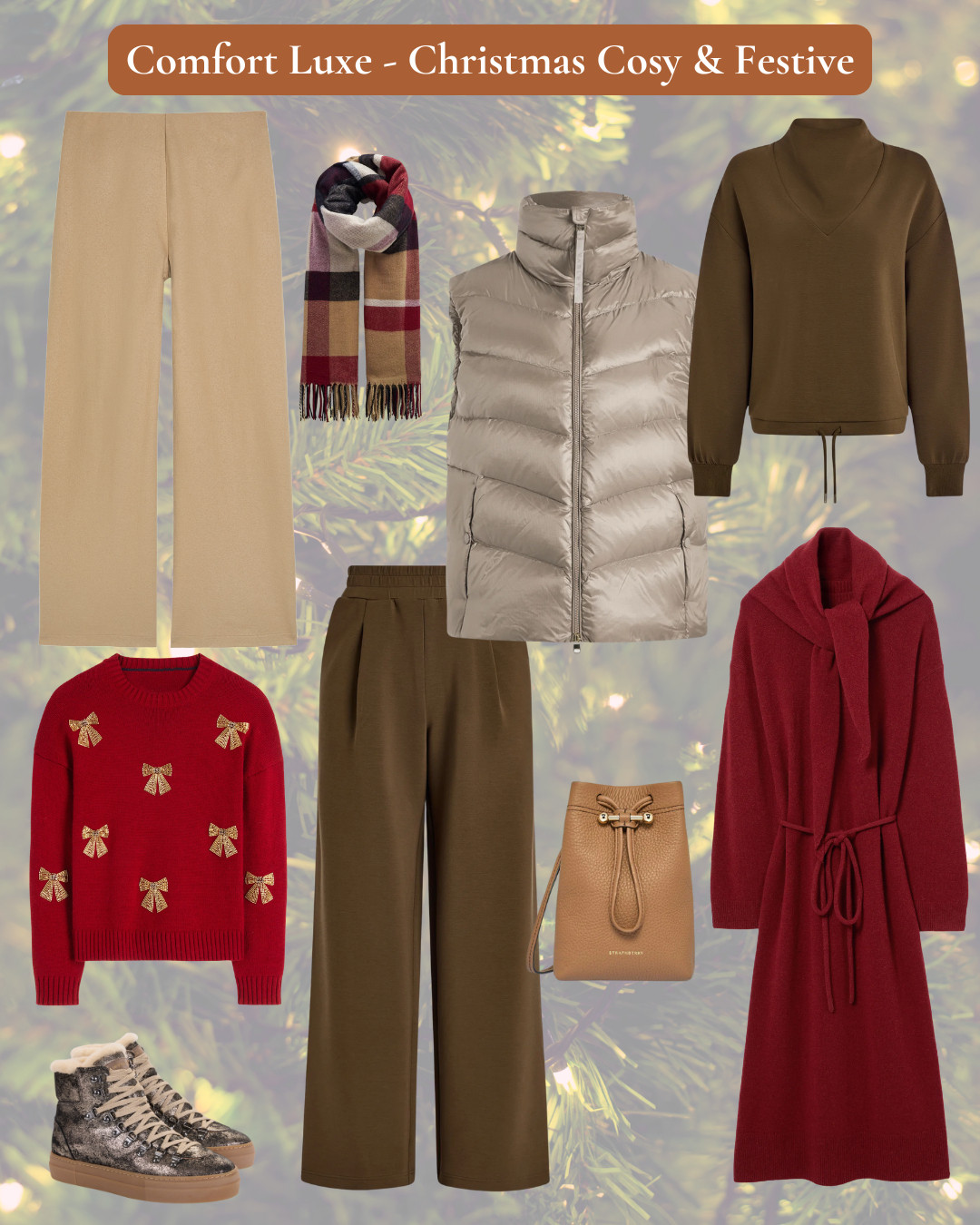 Comfort Luxe Edit - Christmas cosy and Festive in deep re, camel, deep olive and bronze. Puffer gilet, red knit dress, olive joggers and top, red sparkle knit, camel wool trousers, bronze fur lined trainers 

 #LTKuk #LTKfestive #LTKover50style