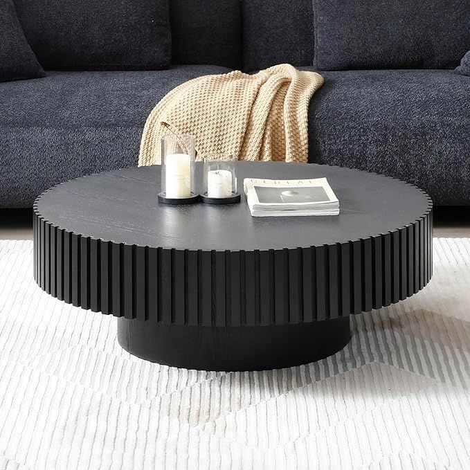 39.4" Black Round Coffee Table, Farmhouse Wood Coffee Table for Living Room,Circle Drum Coffee Ta... | Amazon (US)