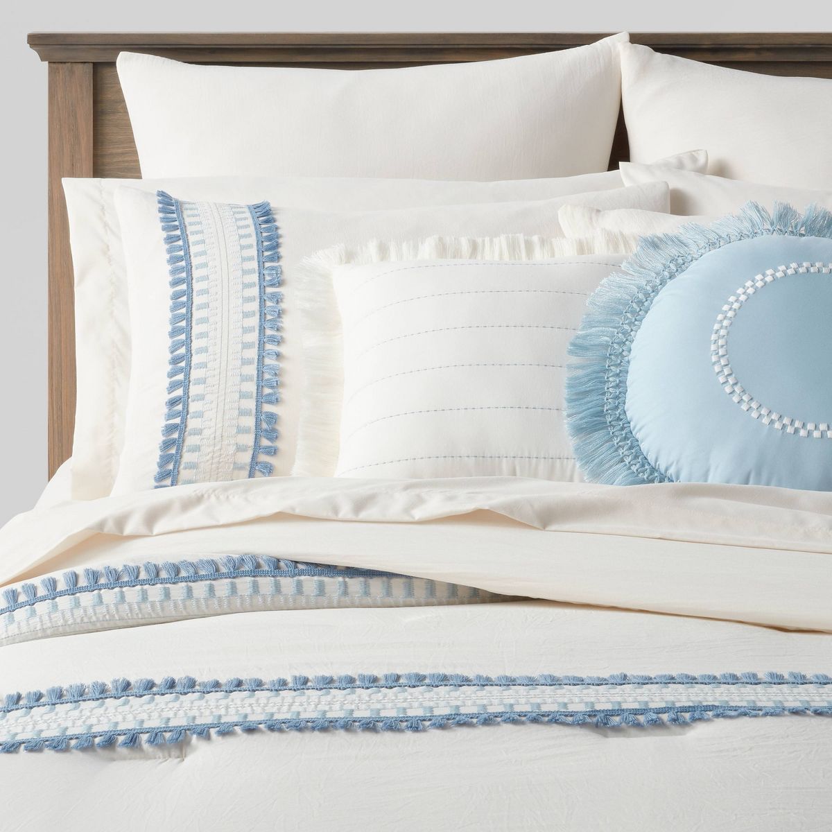 12pc Queen Embroidered Fringe Stripe with Tassels Comforter & Sheet Bedding Set White/Blue - Thre... | Target