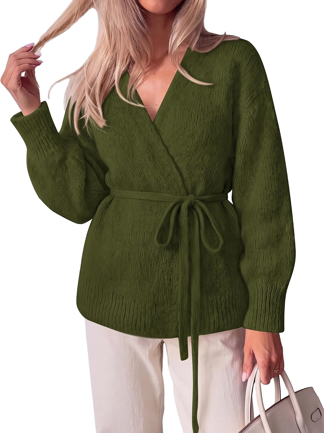 KIRUNDO Womens Trendy Wrap V Neck Tie Open Front Cardigan Cozy Sweaters | Amazon (US)