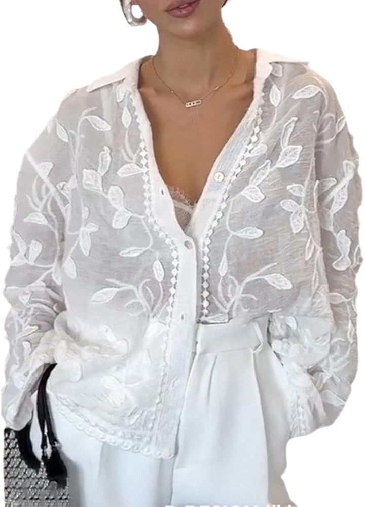 PDLCVD Women Button Down Shirt Casual Embroidery V Neck Single Breasted Long Sleeve Boho Blouse F... | Amazon (US)