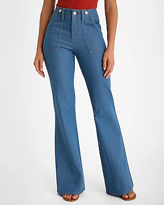 Mid Rise Medium Wash Button Detail '70s Flare Jeans | Express