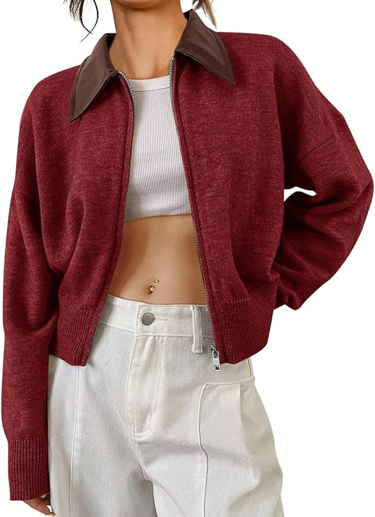 Saodimallsu Womens Zip Up Barn Jacket Cropped Faux Leather Collared Open Front Long Sleeve Fall C... | Amazon (US)