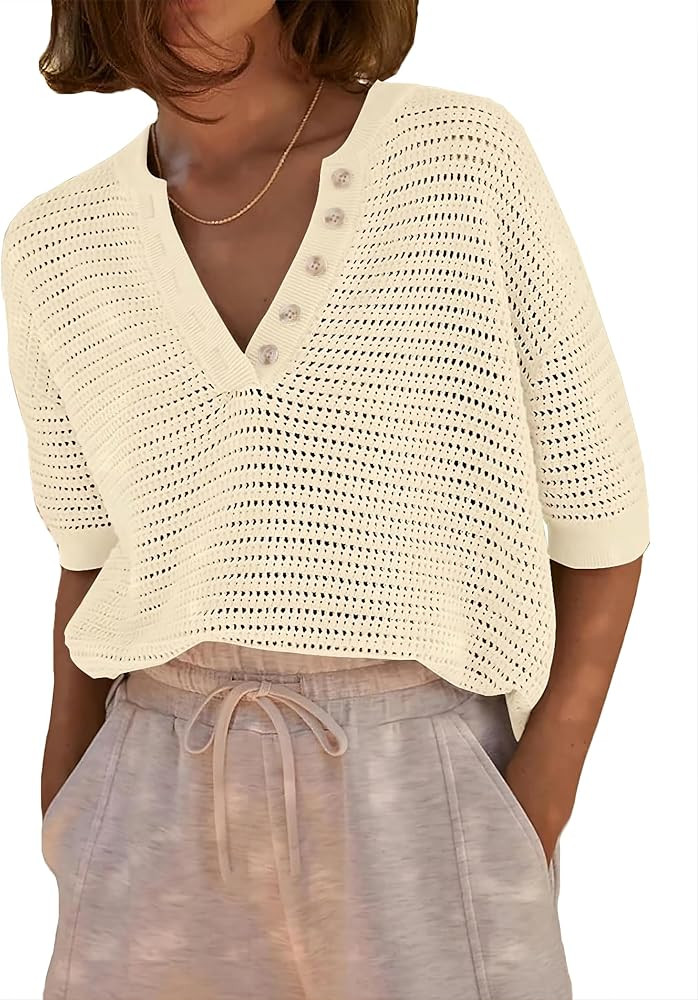 Imily Bela Womens Short Sleeve Summer Tops Casual Crochet V Neck Button Up Hollow Out Knit Sweate... | Amazon (US)