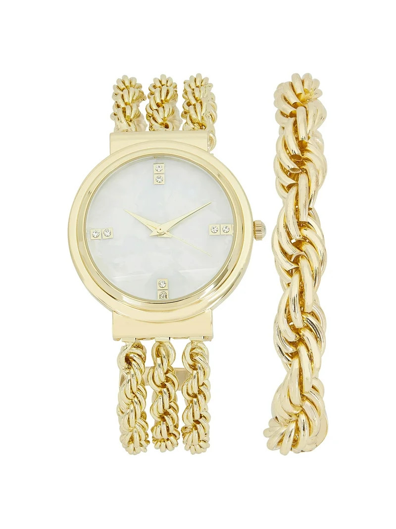 Time and Tru Women's Adult Gold Tone Round Watch and Rope Bracelet Set, 2-Piece | Walmart (US)