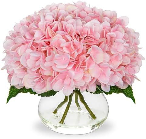 Hollyone Hydrangea Artificial Flowers with Glass Vase Pink Silk Faux Flowers Arrangements with Cl... | Amazon (US)