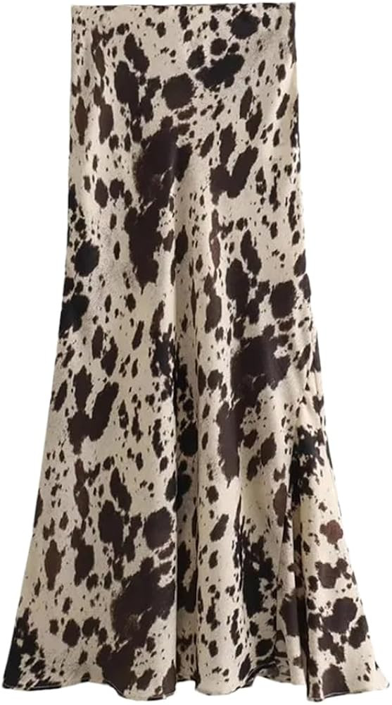 Women Print Satin Skirt Zipper High Waist A-Line Slim Office Lady Midi Skirts | Amazon (US)