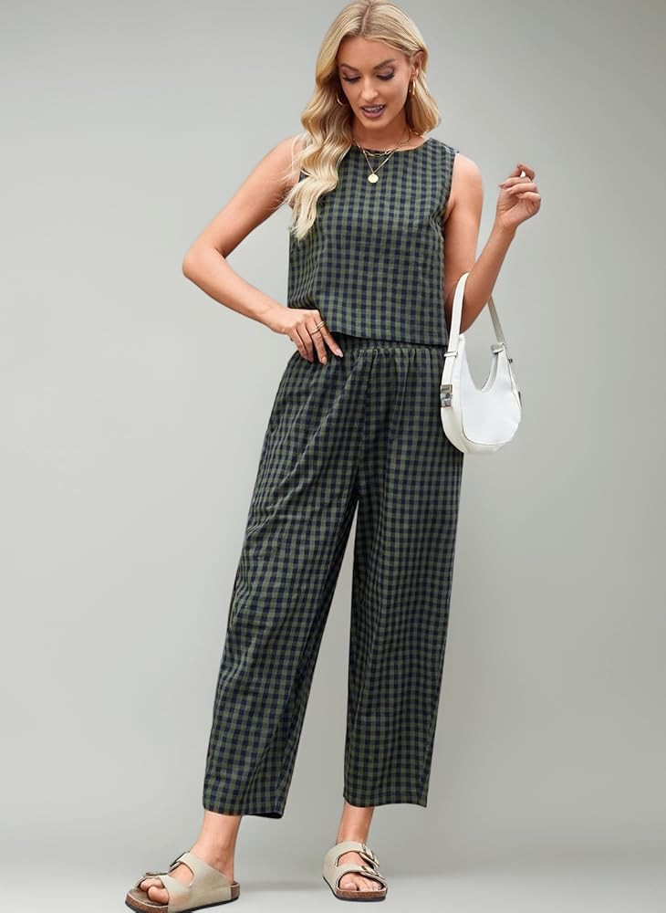 Gingham Summer Two Pieces Outfit Women Relaxed Boxy Fit Plaid Checked Pattern Leisure Wear Sets S... | Amazon (UK)