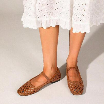 Woven Mary Jane Flats With Strap In Brown Flats For Women, Brown Ballet Flats Experience The Perfect Blend Of Elegance And Comfort. Stylish And Cozy, | SHEIN