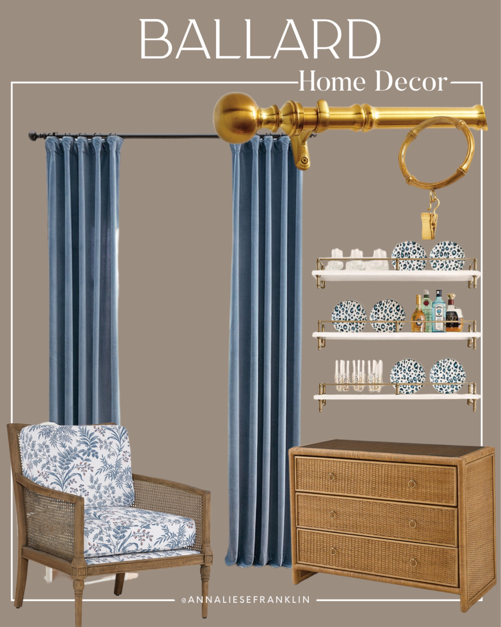 Coastal home decor • blue drapes • brass bamboo curtain rod • picture rail shelf • brass home decor • custom chair • 

#LTKhome