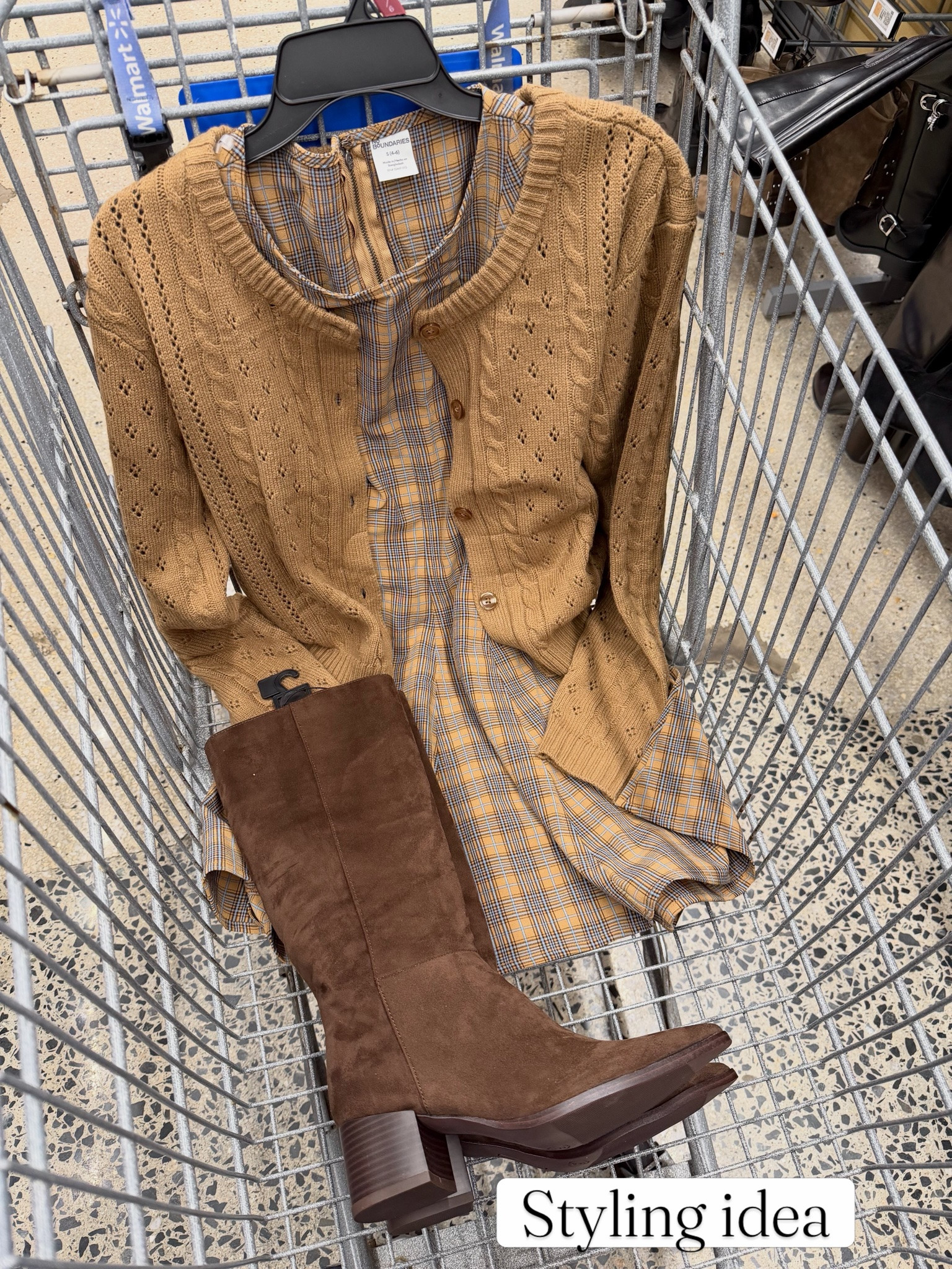 Walmart fall outfit idea with this $16 plaid mini dress, cardigan and tall boots. #walmartfashion