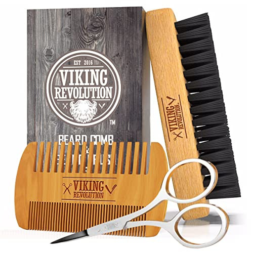 Viking Revolution Beard Comb and Beard Brush Set, boar bristle brush and pear wood comb with velvet pouch