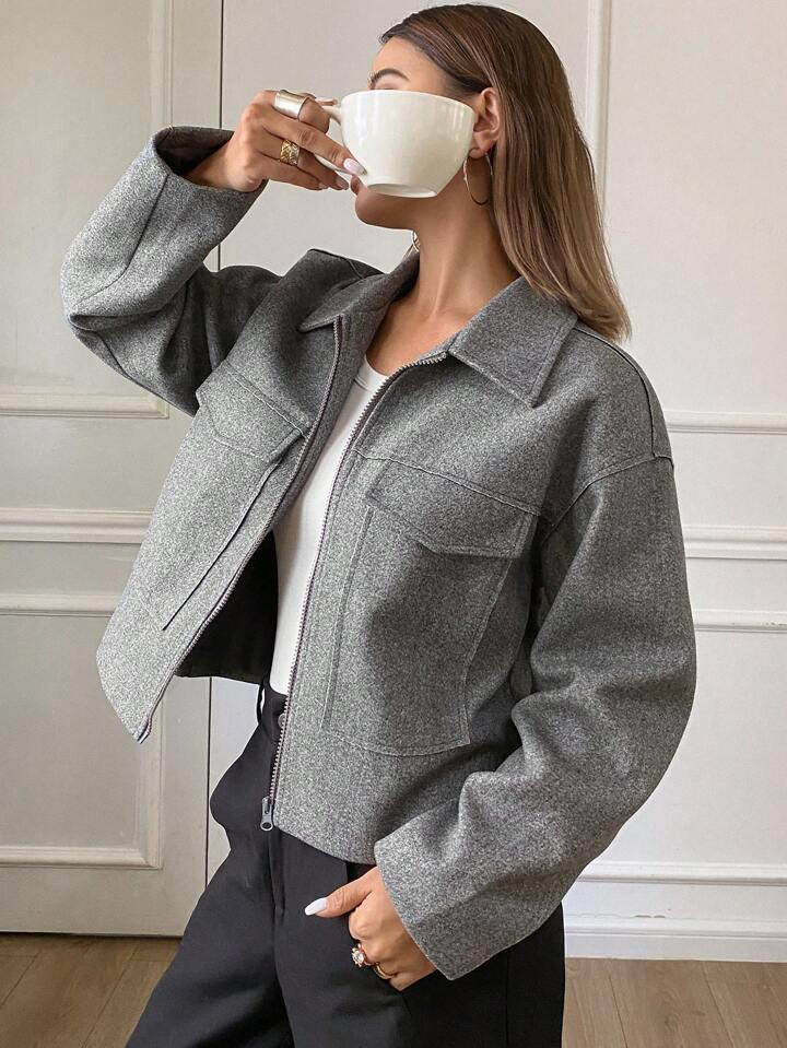 DAZY 1pc Women's Solid Color Loose Long Sleeve Zipper Collar Jacket,Fall Women Clothes | SHEIN
