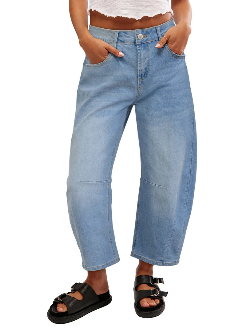 DOKOTOO Women's Barrel Jeans Wide Leg Vintage Mid Rise Y2k Baggy Boyfriend Ankle Denim Pants | Walmart (US)