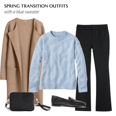 Spring transition outfits with a blue sweater