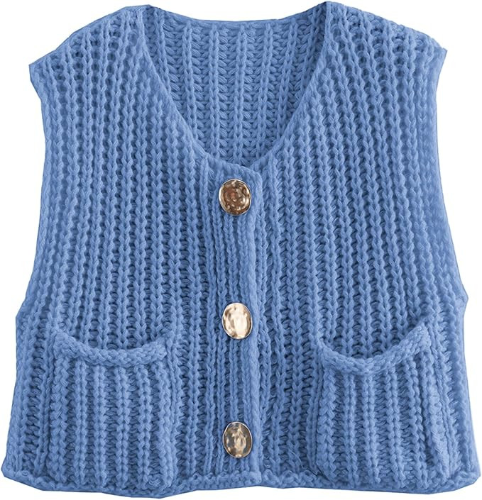 Hixiaohe Womens Crochet Chunky Knit Top Sleeveless Button Down Crop Tops Trendy Cardigan Sweater ... | Amazon (US)