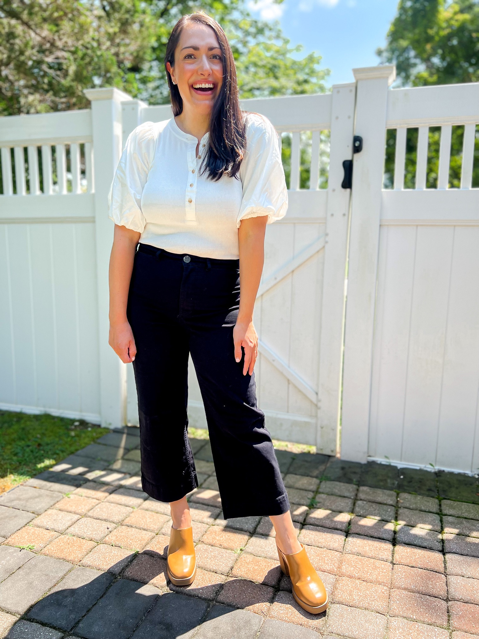 Old navy tops on sale, Henley top, white top, puff sleeve top, wide leg pants, heeled mules, workwear, teacher outfit

Puff sleeve top: small
Wide leg pants: 4 petite (tts)
Mules: tts

#LTKstyletip #LTKshoecrush #LTKworkwear