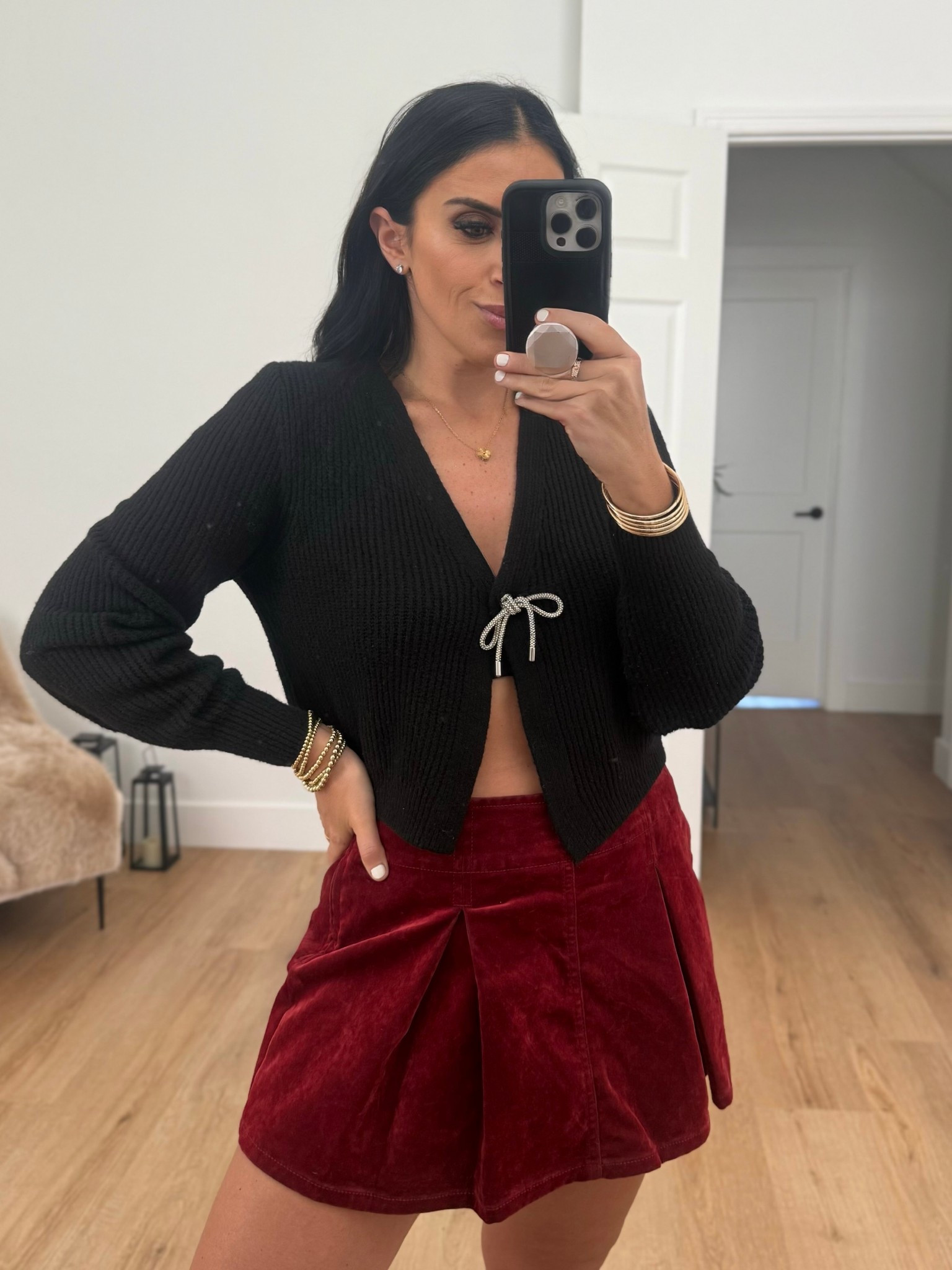 Madden NYC Women's Flocked Pleated Mini Skort wearing size medium only $14. No Boundaries Bow Cardigan wearing size medium only $14