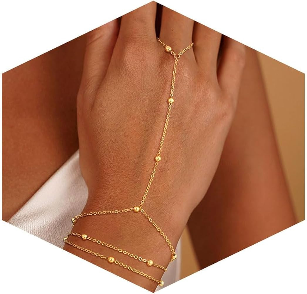 14K Gold Plated Hand Chain Bracelet for Women, Finger Ring Bracelet Dainty Adjustable 14K Gold Pl... | Amazon (US)