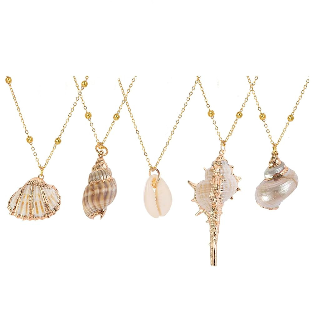 5Pcs Natural Scallop Conch Seashell Necklace Inlaid with Gold Rimmed Sea Shell Necklace Adjustabl... | Amazon (US)