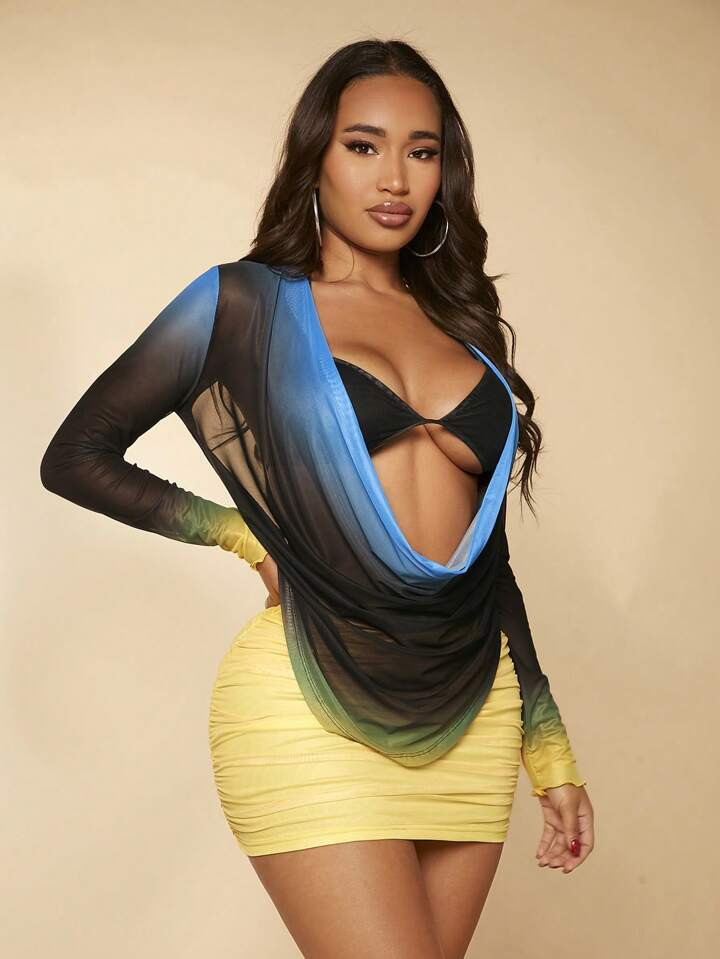 SHEIN SXY Ombre Draped Collar Mesh Top & Bodycon Skirt & Halter Top | SHEIN