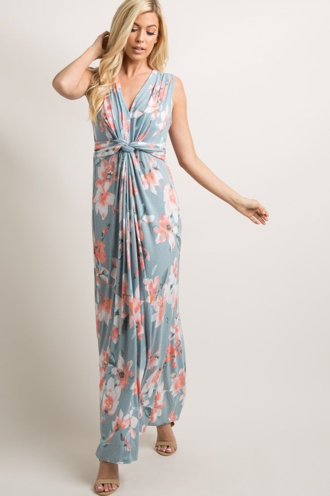 Light Blue Floral Sleeveless Knot Front Maxi Dress | PinkBlush Maternity
