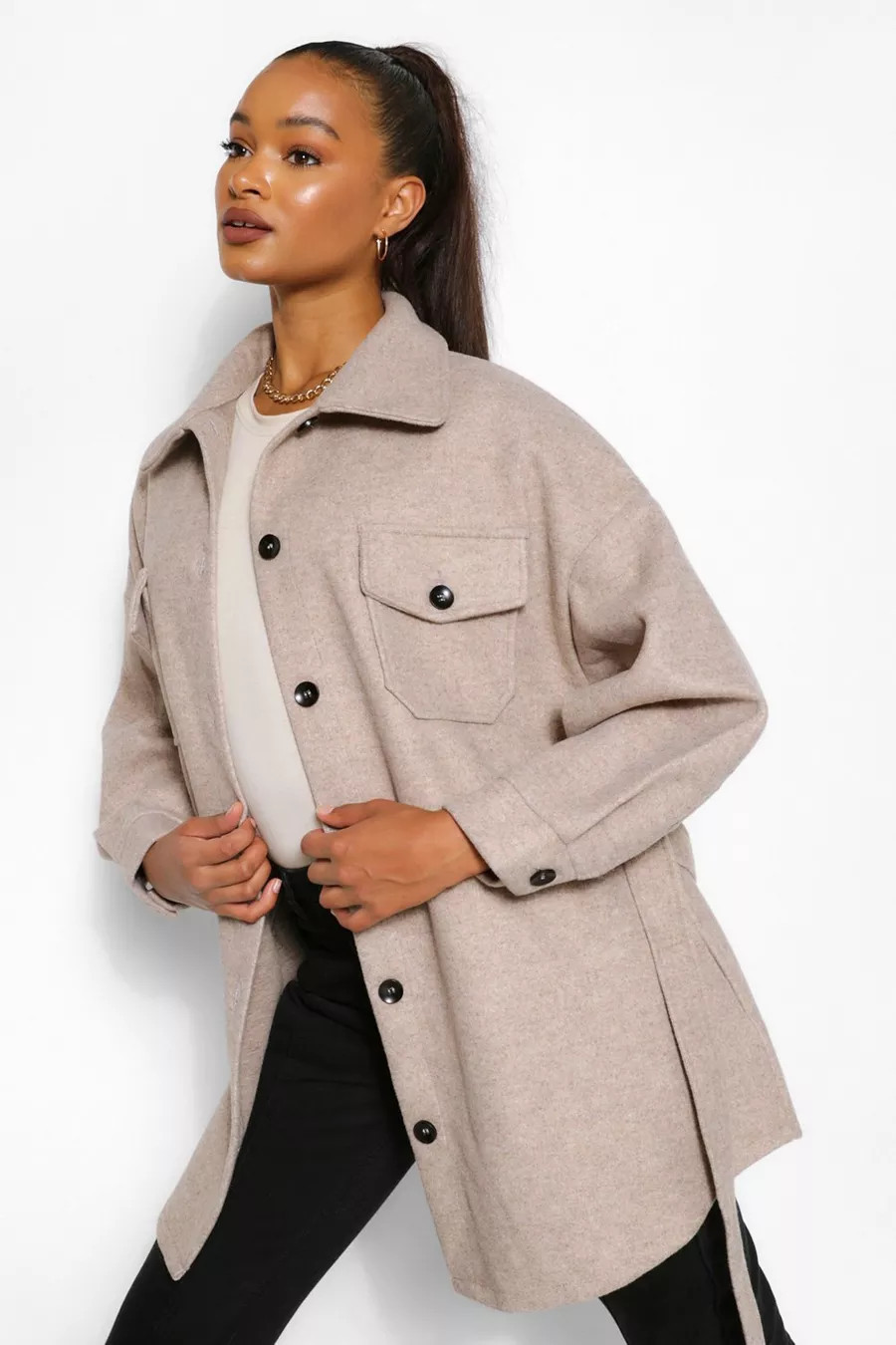 Tall Wool Belted Shacket Coat | boohoo (US & Canada)