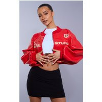 Petite Red Super Cropped PU Racer Jacket | PrettyLittleThing US