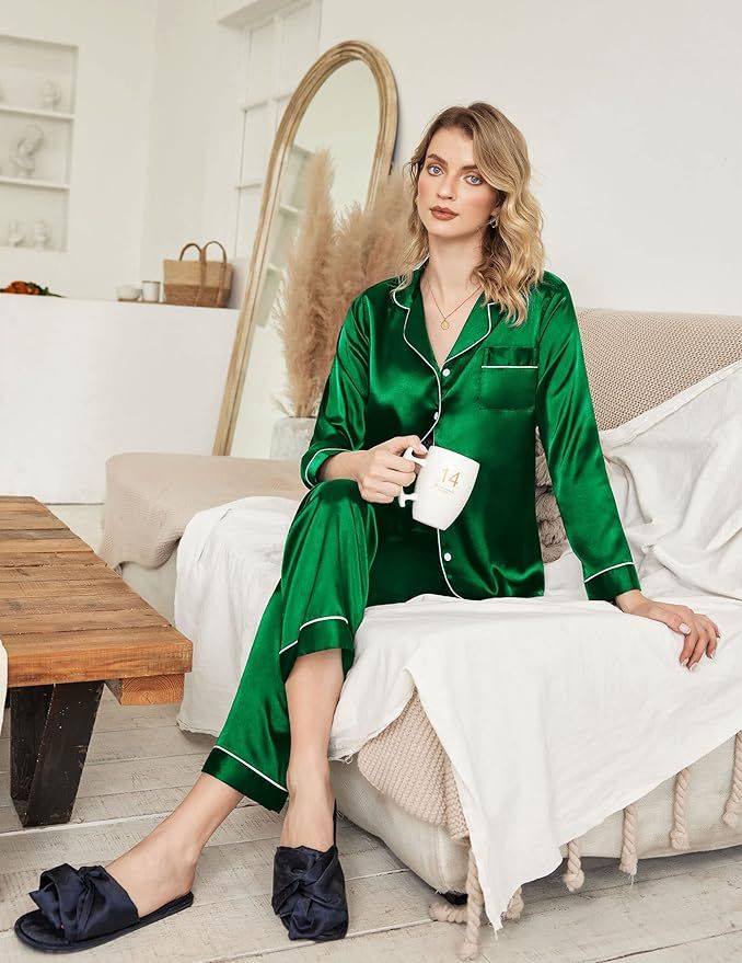 Ekouaer Women's Classic Button Down Long Satin Silk Pajama Set | Amazon (US)