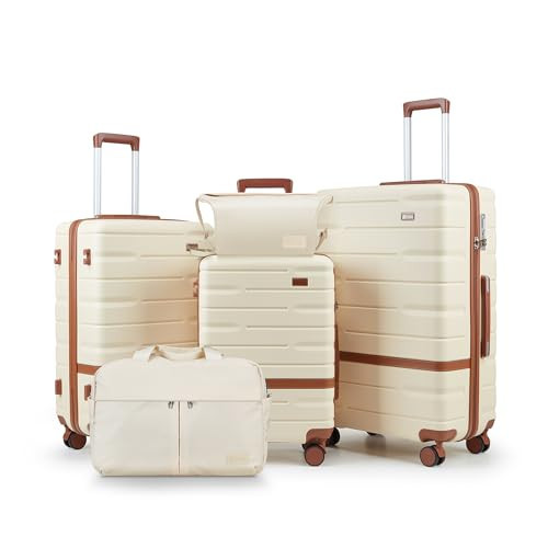 NEISIA Luggage Sets 5 Piece Luggage Sets Lightweight Hard Shell Suitcases with Spinner Wheels for Family Travel - Durable PC+ABS Material Carry On Luggage (Beige) | Amazon (US)