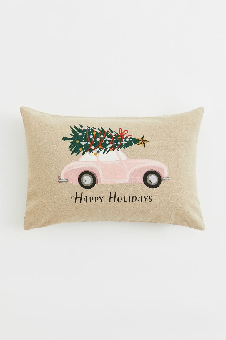 Linen-blend Cushion Cover - Light beige/Happy Holidays - Home All | H&M US | H&M (US + CA)