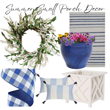 Simple porch refresh for summer. Faux heather wreath, blue plaid ribbon, blue and white striped outdoor rug, white Chinoiserie planter box, blue and white striped outdoor pillows 

#LTKSeasonal #LTKhome #LTKstyletip