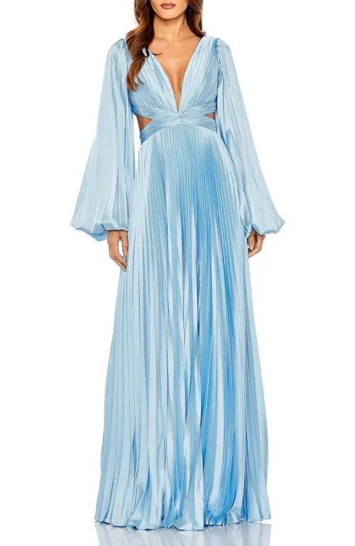 Mac Duggal Long Sleeve Pleated Charmeuse Cut Out Gown in Powder Blue at Nordstrom, Size 8 | Nordstrom