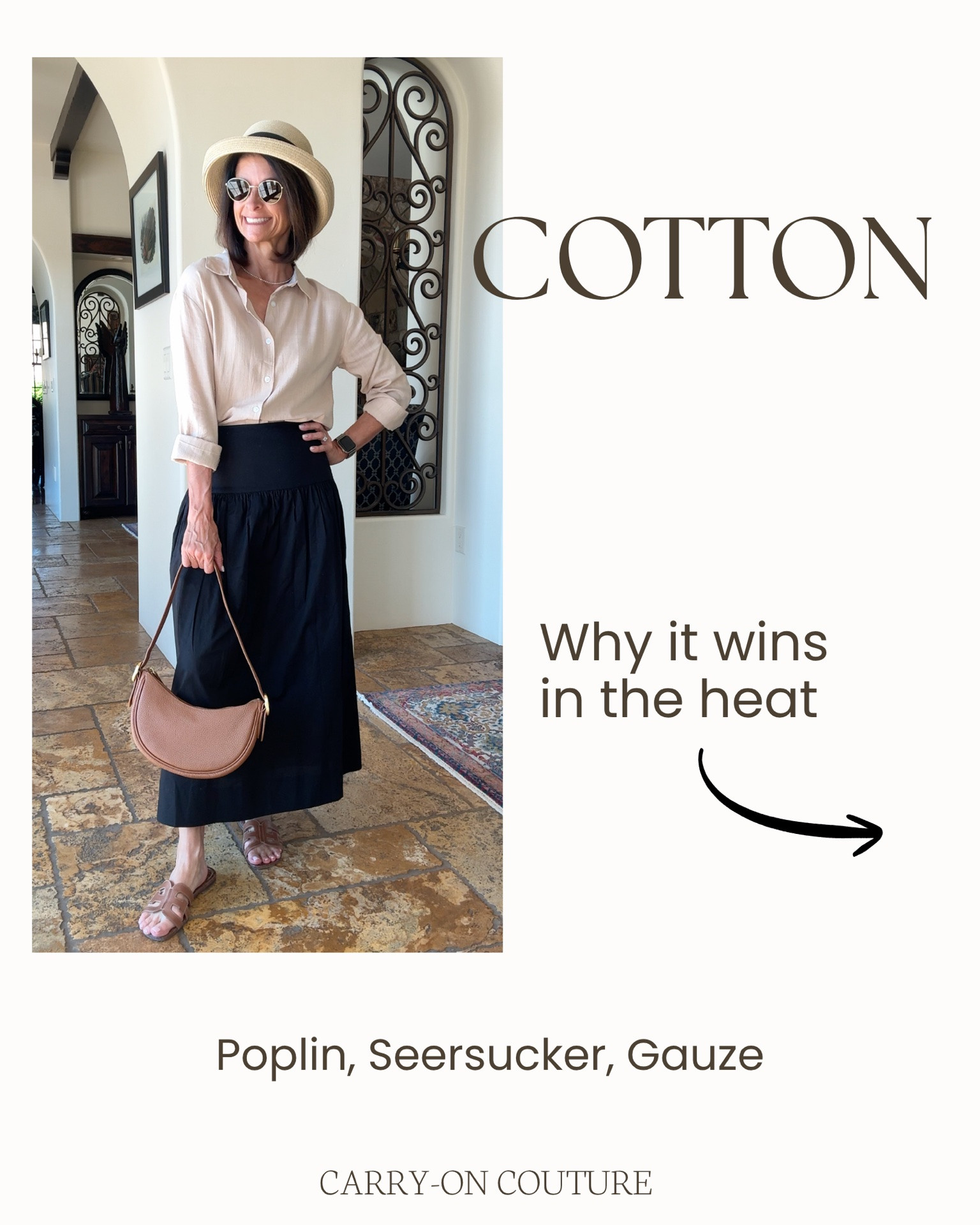 If you’ve ever packed clothes that looked great…but felt miserable in the heat, the fabric was probably the problem.

Cotton is one of my favorite summer travel fabrics, but not all cotton is created equal.

For hot-weather travel, I usually reach for:
• Poplin for its crisp, lightweight feel.
• Seersucker because the puckered texture helps keep fabric off your skin.
• Cotton gauze for maximum airflow—and the wrinkles are built in.

The right fabric can make the difference between feeling sticky and uncomfortable…or actually enjoying a long day of sightseeing.

Fabric first. Style second.

#LTKOver40 #LTKTravel