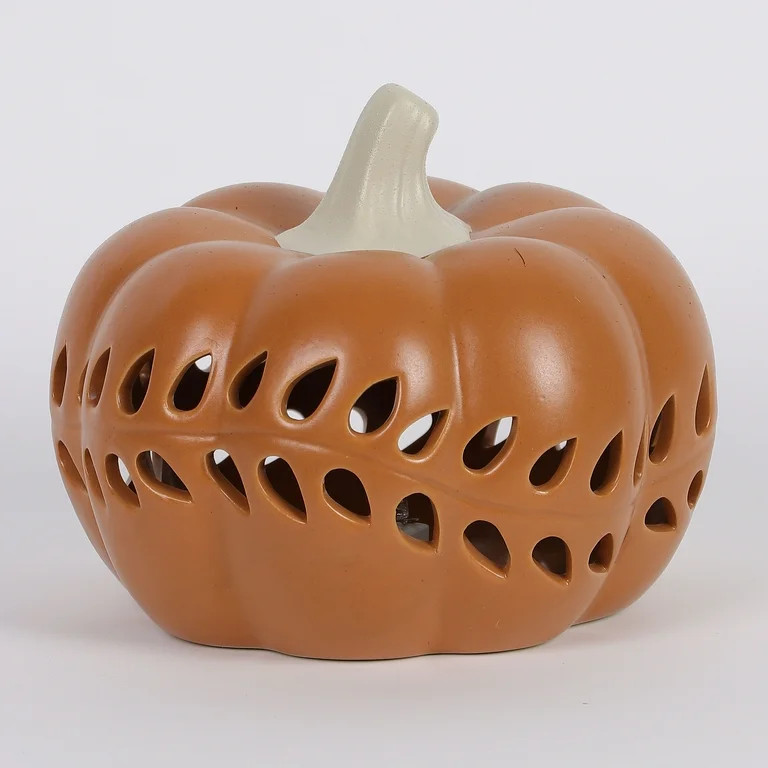 Harvest Pre-Lit Orange Ceramic Pumpkin Decoration, 5.25 in, by Way To Celebrate | Walmart (US)