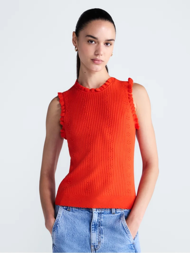 Free Assembly Women's Ruffle Trim Pointelle Sweater Shell, Lightweight, Sizes XS-XXL | Walmart (US)