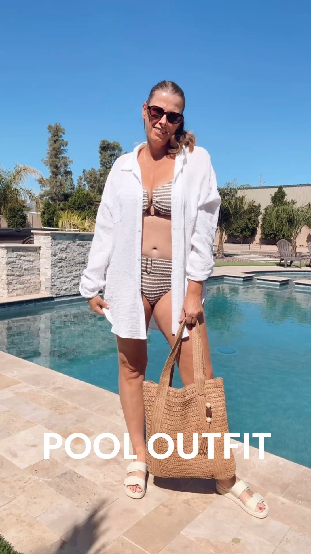 Pool outfit 

pool outfit idea, beach bag, white button down cover up, chic swim coverup look, vacation style outfit, resort wear vibe, amazon summer find, striped bikini, Cupshe swimsuit 

#LTKTravel #LTKOver40 #LTKSwim