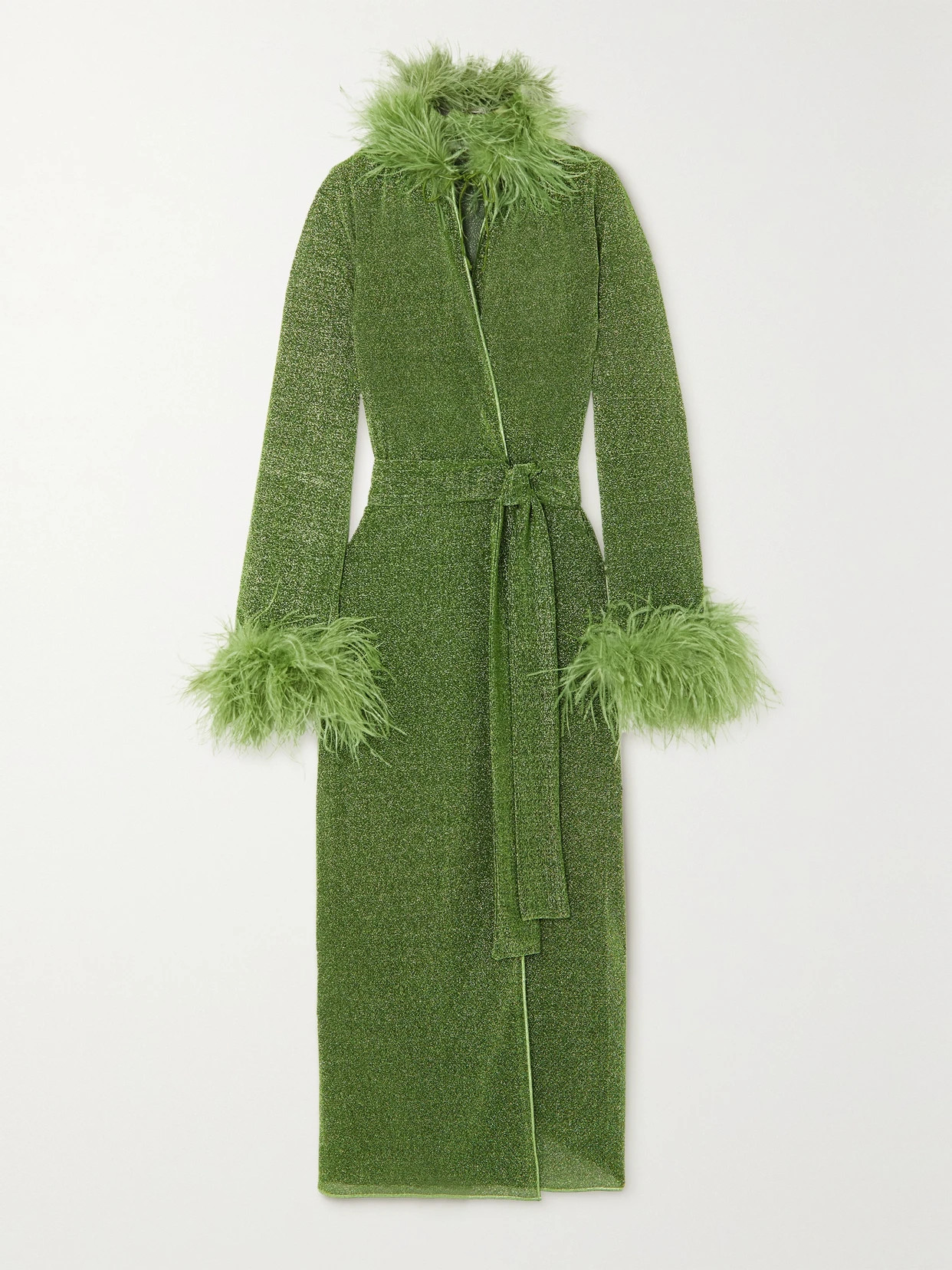 Oséree - Lumière Feather-trimmed Metallic Knitted Robe - Green | NET-A-PORTER (US)