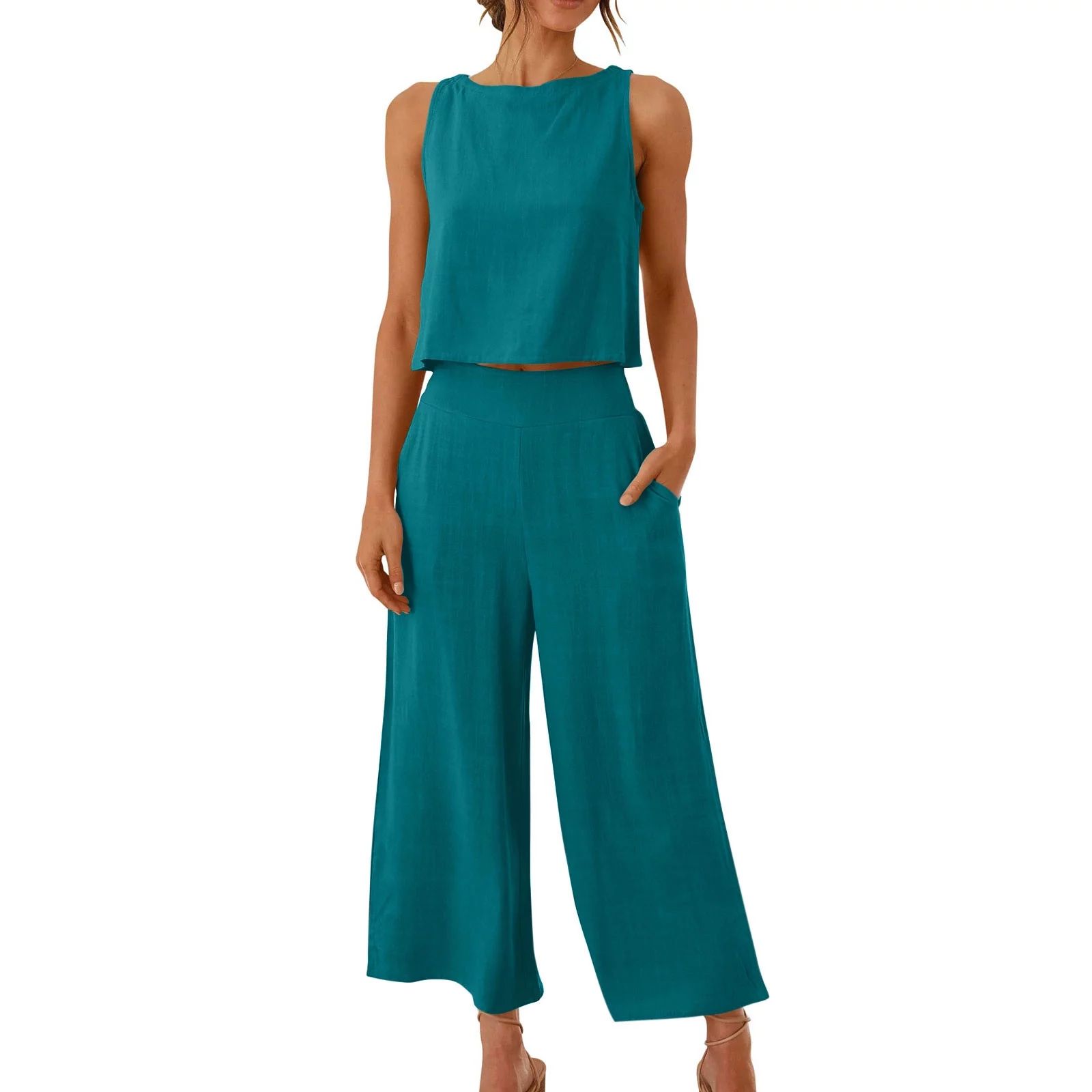 Summer Savings Clearance! yievot Women's 2 Piece Outfits Lounge Sets Sleeveless Tank Crop Button ... | Walmart (US)