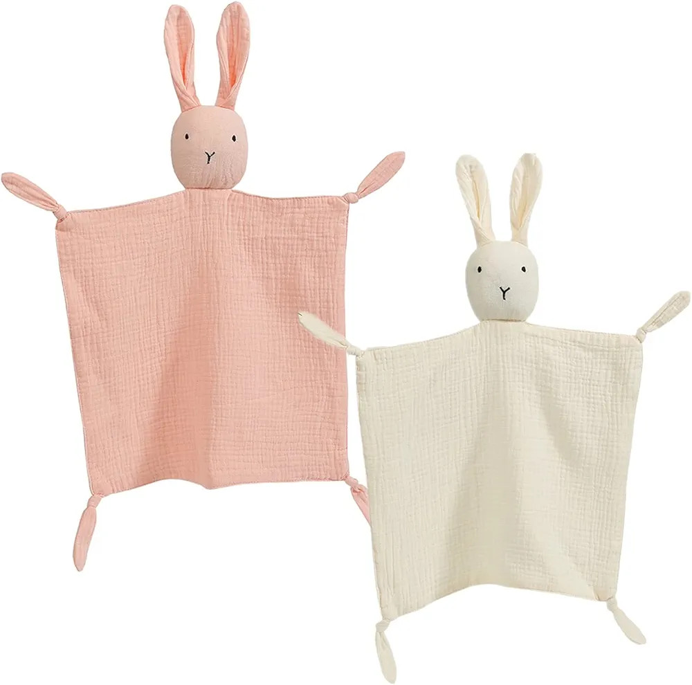 insular Bunny Lovey Blanket for Boys and Girls, Organic Cotton Muslin Security Blanket for Babies, Soft Breathable Lovie Soothing Towel for Newborn and Infant, 2 Pcs Set (Beige&Pink) | Amazon (US)