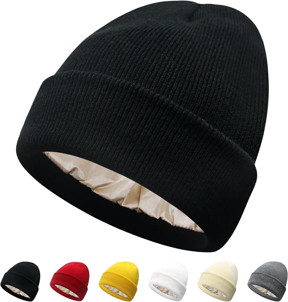 PFFY Satin Lined Beanie for Women Silk Lining Soft Winter Hats Reduce Frizz Knit Beanies Warm Sku... | Amazon (US)