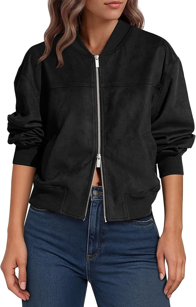 Lazysmile Women's Faux Suede Bomber Jackets Fall Fashion Outfits Winter Clothes Stand Collar Zip ... | Amazon (US)
