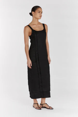 DULCE BLACK LINEN MIDI DRESS | DISSH