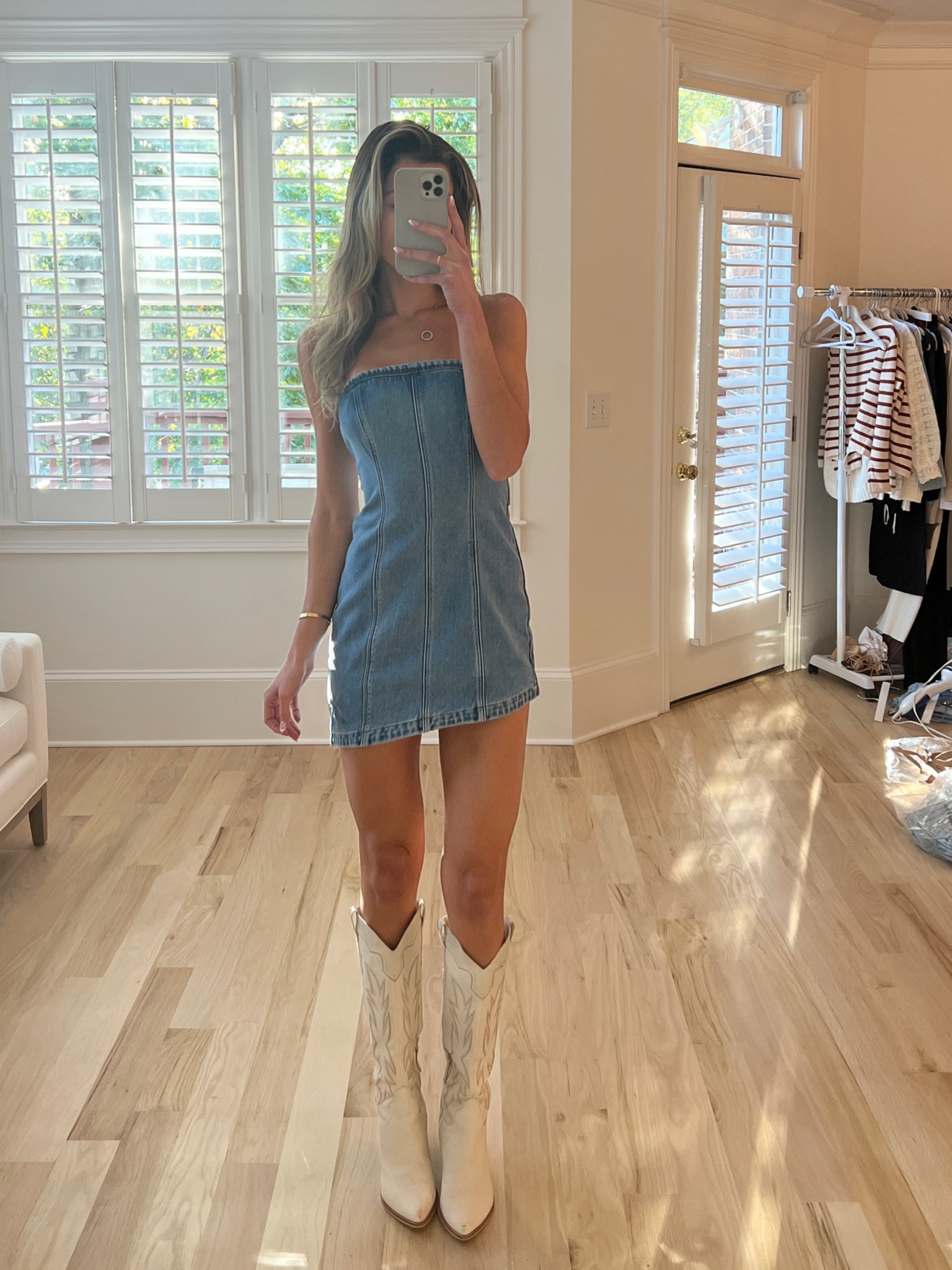Country concert outfit idea. Wearing a size small in this denim dress. And I did my true size in the cowgirl boots ☺️ which I think are on sale right now!! #country #countryconcert #concert 

#LTKstyletip