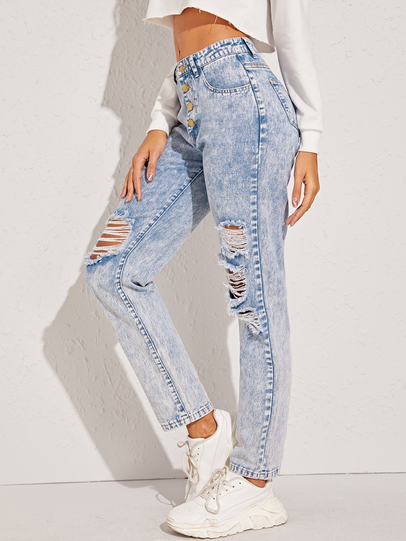 Acid Wash Button Fly Straight Leg Jeans | SHEIN