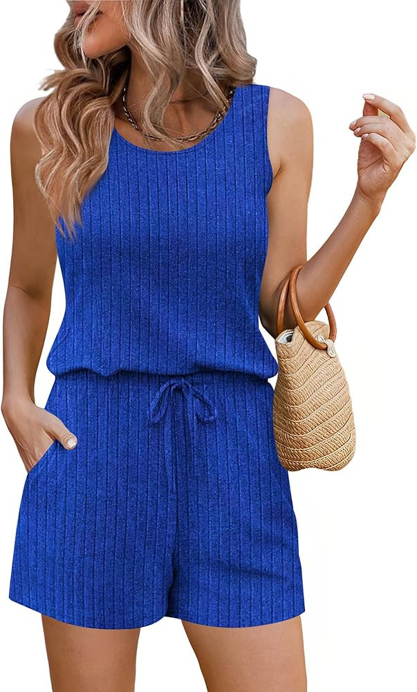 Ekouaer Rompers for Women Summer 2026 Casual Sleeveless Scoop Neck Tank Top Ribbed Short Jumpsuit... | Amazon (US)