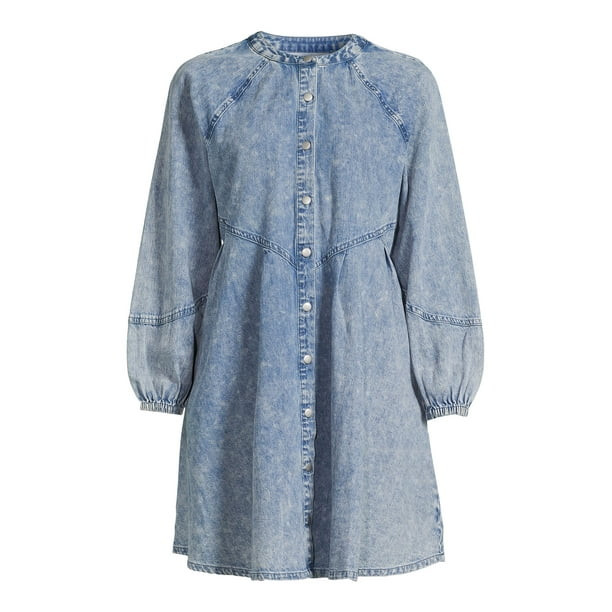 Time and Tru Women's Button Front Denim Mini Dress with Long Sleeves, Sizes XS-3XL | Walmart (US)